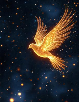 The primary subject of the image is a bird, specifically a dove, flying through the night sky. The bird is surrounded by a beautiful and colorful starry background, which adds to the overall atmosphere of the scene. The visual style of the image is a combination of photo and digital art, creating a unique and captivating representation of the dove in flight.